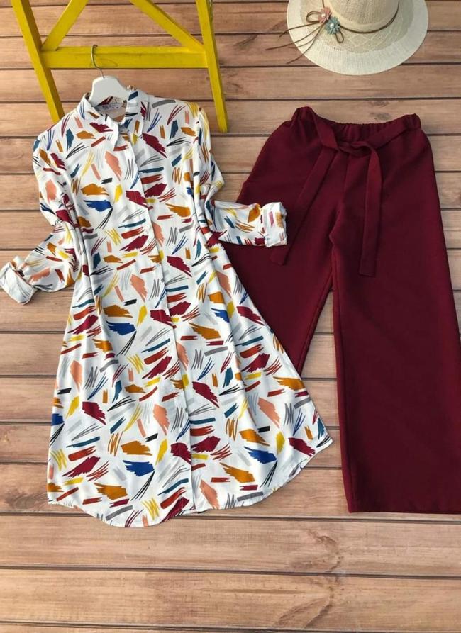 Rayon Maroon Casual Wear Printed Readymade Kurti With Plazzo